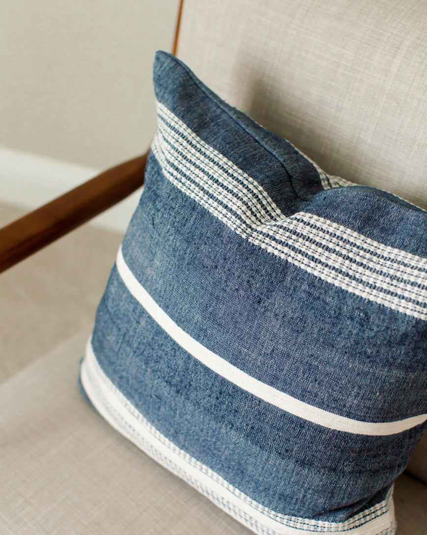 18" ADEN THROW PILLOW, NAVY WITH NATURAL, HANDMADE IN ETHIOPIA