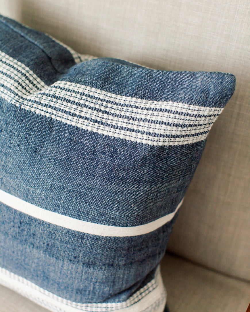 18" ADEN THROW PILLOW, NAVY WITH NATURAL, HANDMADE IN ETHIOPIA