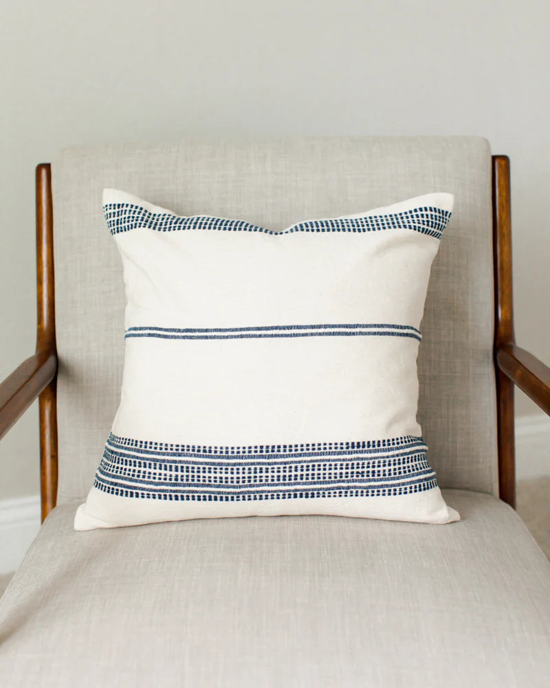18" ADEN THROW PILLOW, NATURAL WITH NAVY, HANDMADE IN ETHIOPIA