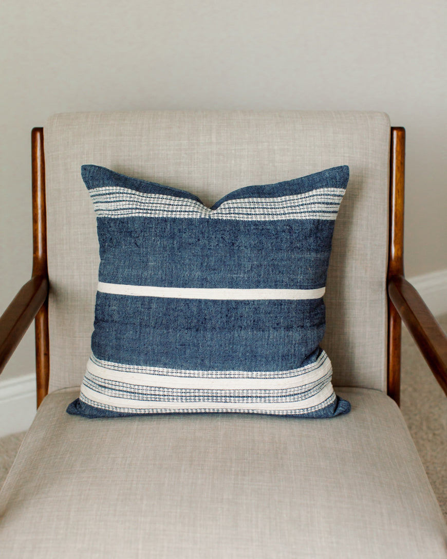 18" ADEN THROW PILLOW, NAVY WITH NATURAL, HANDMADE IN ETHIOPIA
