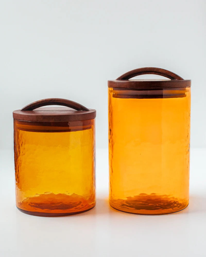 Handblown Hammered Glass Canisters with Wood Lid, Made in India
