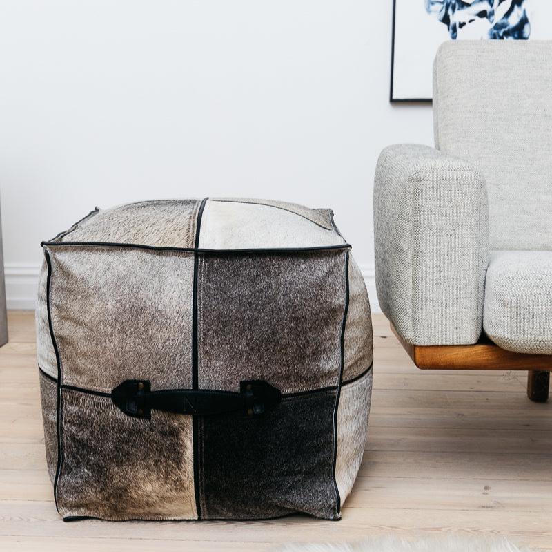 Square Pouf Calf Leather with Handle Handmade in Brazil