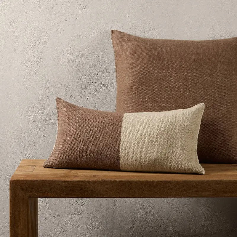Abdul Lumbar Pillow, Brown & Cream 13 x 25" 100% Wool, Hand Spun in India