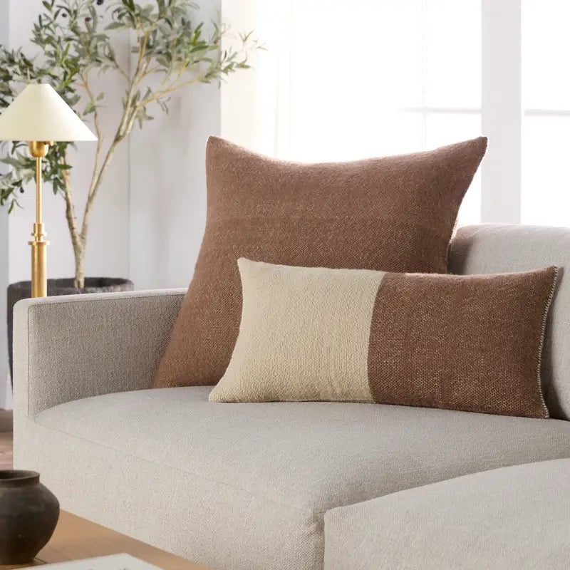 Abdul Lumbar Pillow, Brown & Cream 13 x 25" 100% Wool, Hand Spun in India