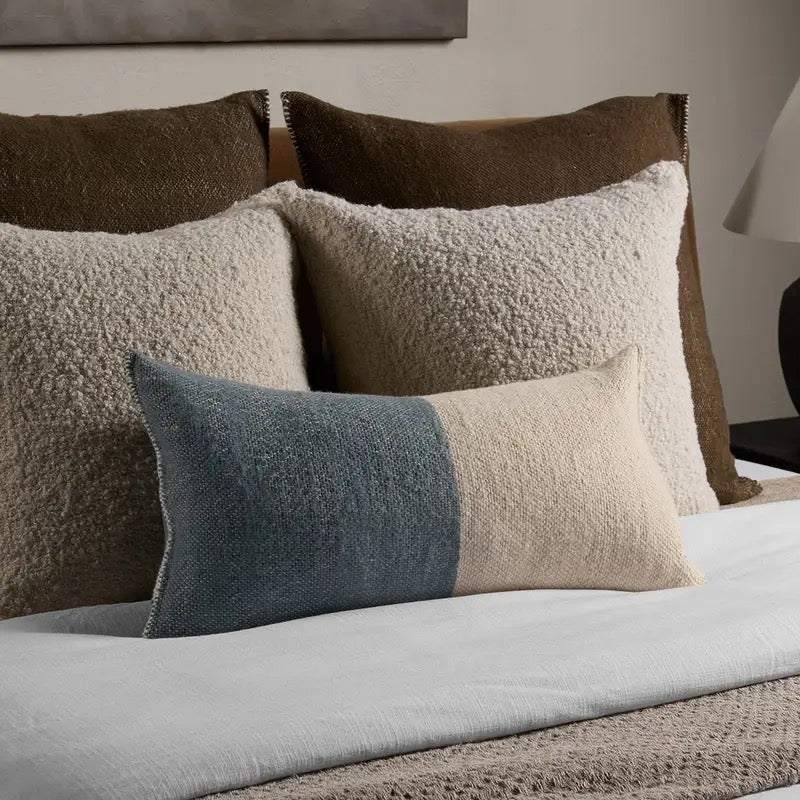 Abdul Lumbar Pillow Blue & Cream 13 x 25" 100% Wool, Hand Spun in India