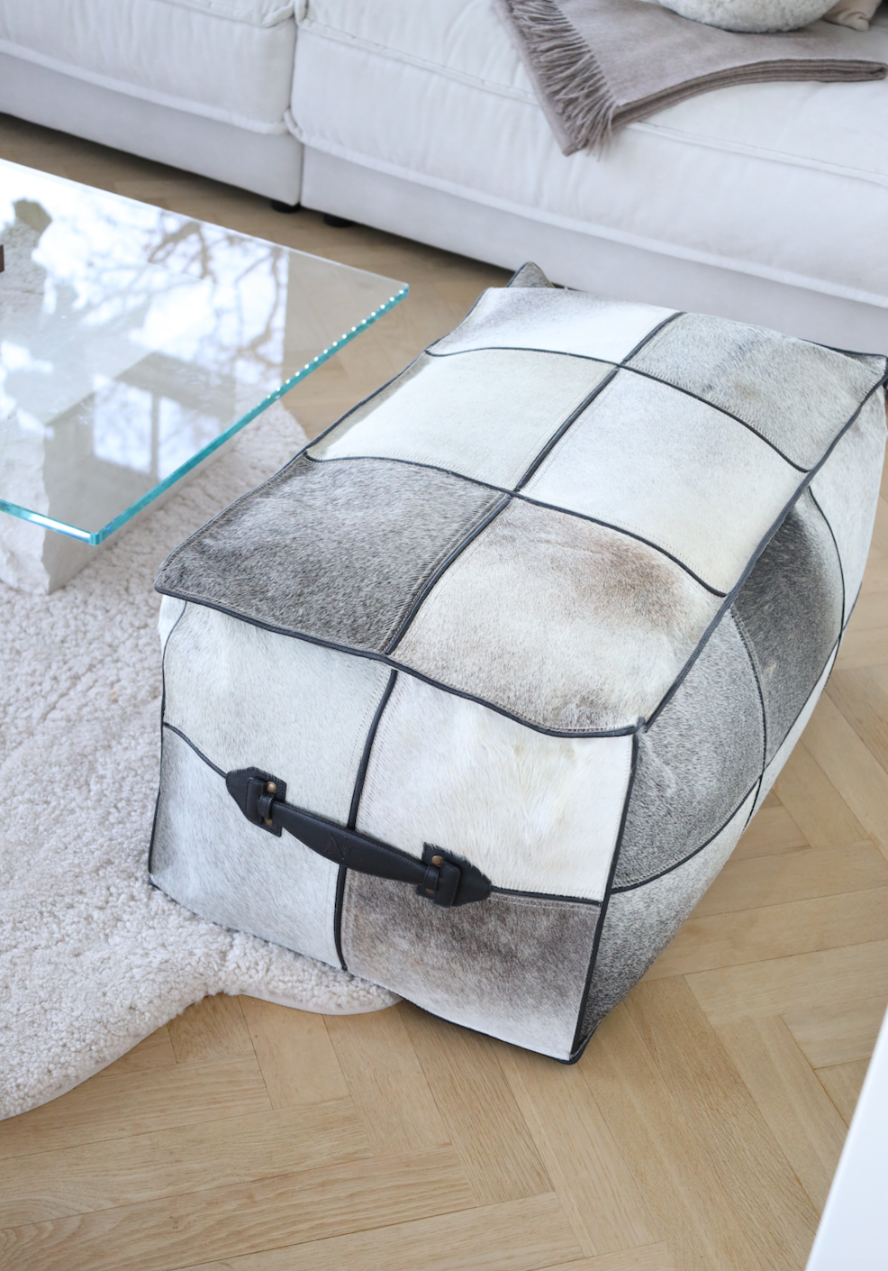 Rectangular Pouf Calf Leather with Handle Handmade in Brazil