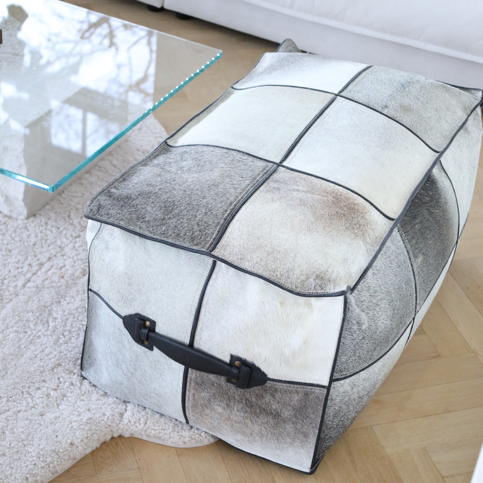 Rectangular Pouf Calf Leather with Handle Handmade in Brazil