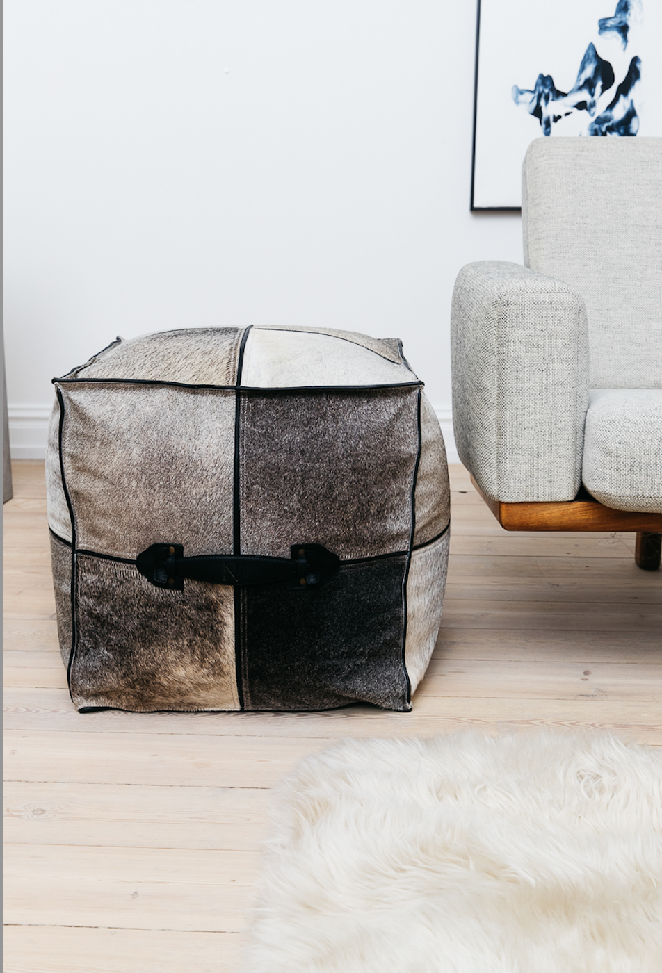Rectangular Pouf Calf Leather with Handle Handmade in Brazil