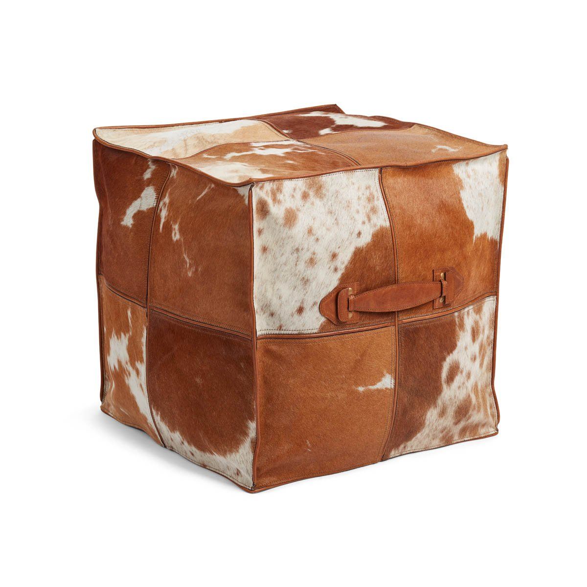 Square Pouf Calf Leather with Handle Handmade in Brazil