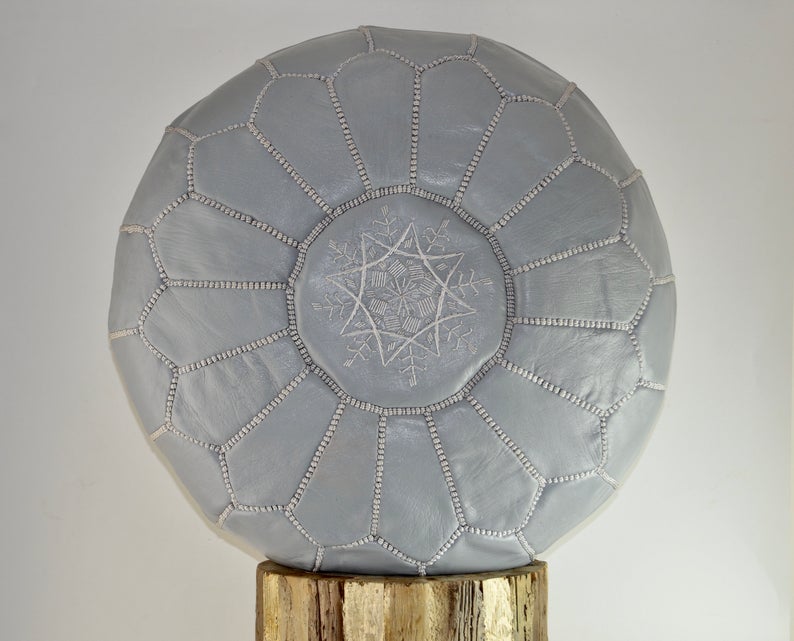 Moroccan Leather Pouf, Grey, Handmade in Morocco