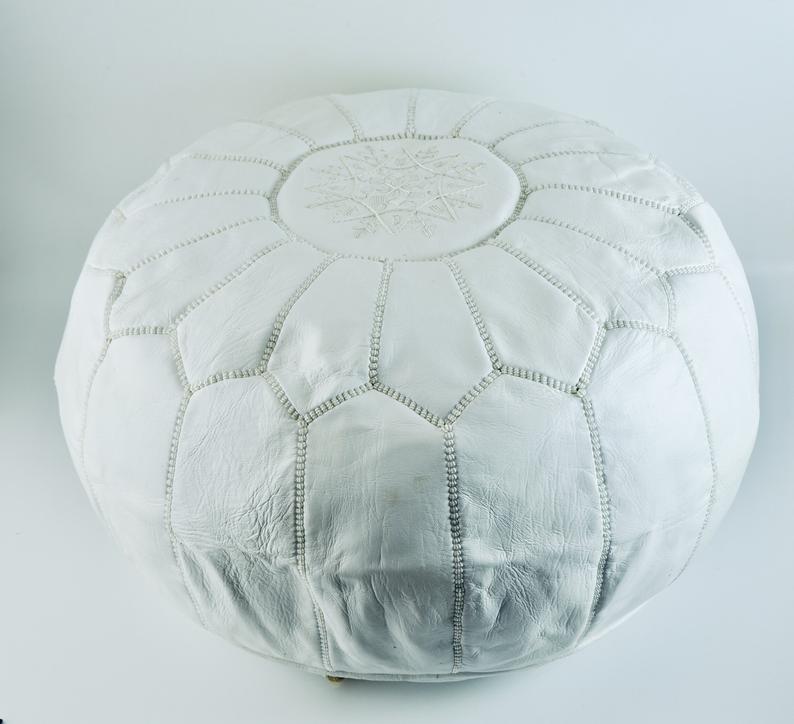 Moroccan Leather Pouf, White Handmade in Morocco