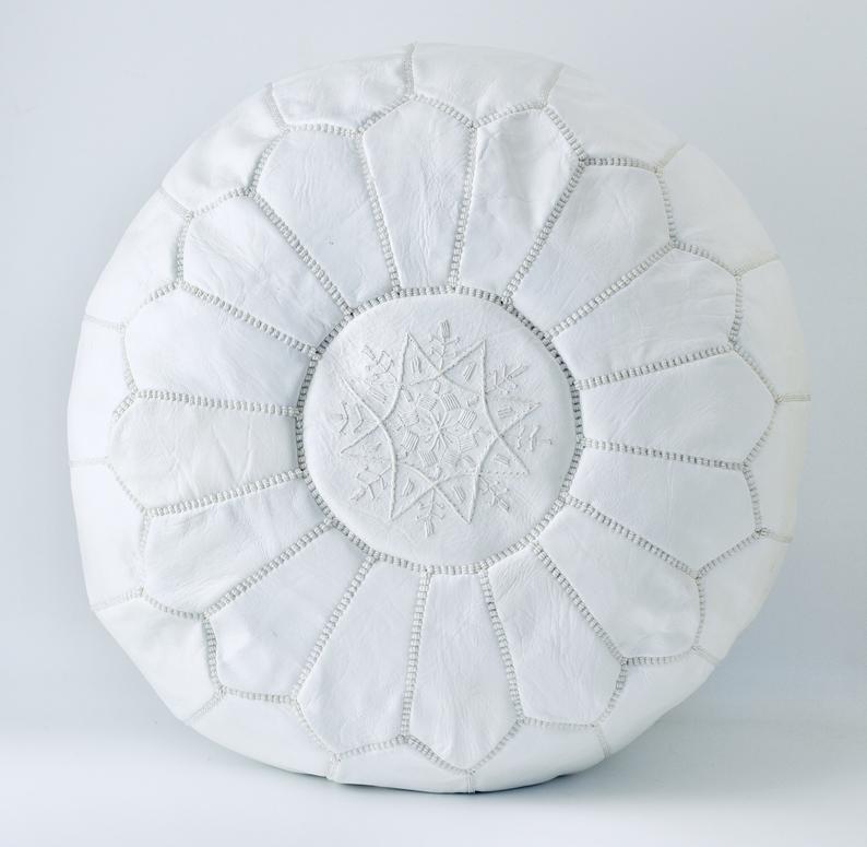 Moroccan Leather Pouf, White Handmade in Morocco