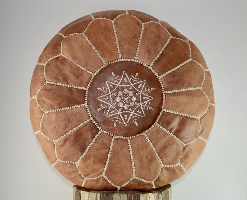 Moroccan Leather Pouf, Light Camel Brown, Handmade in Morocco