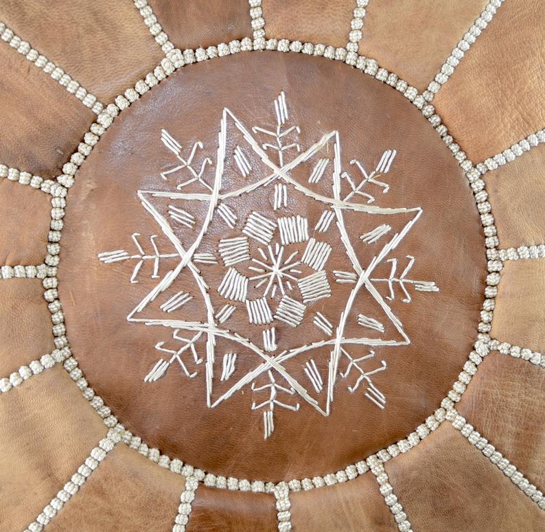 Moroccan Leather Pouf, Light Camel Brown, Handmade in Morocco