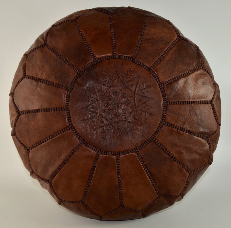 Moroccan Leather Pouf, Chestnut Brown,Handmade in Morocco