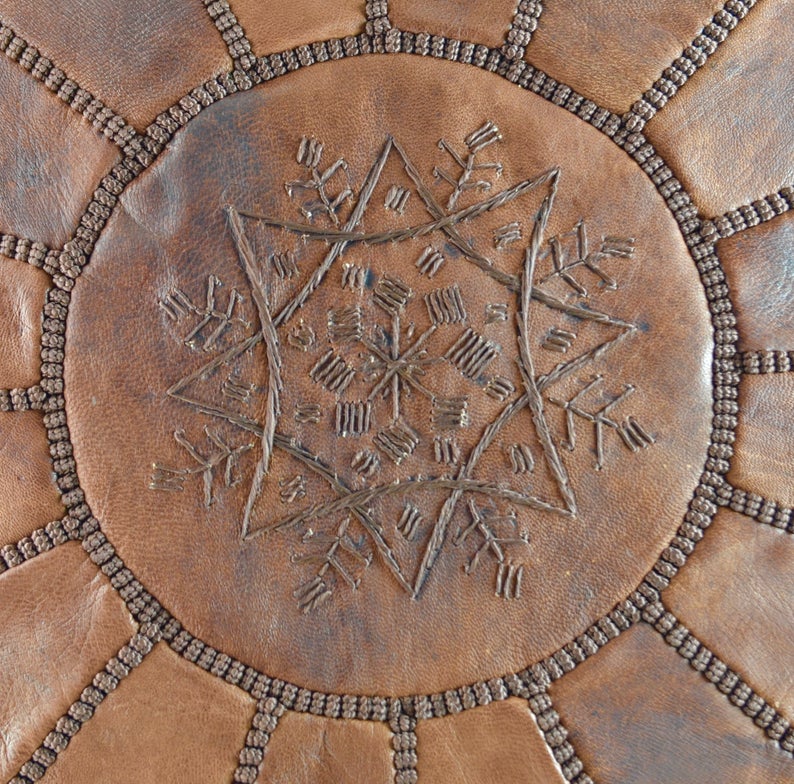 Moroccan Leather Pouf, Chestnut Brown,Handmade in Morocco