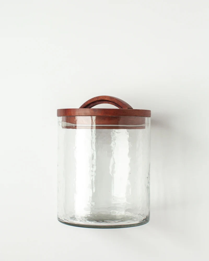 Handblown Hammered Glass Canisters with Wood Lid, Made in India