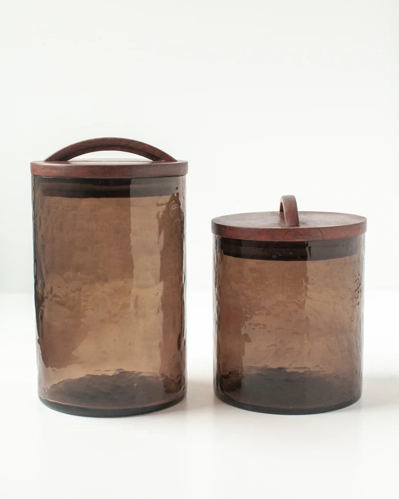 Handblown Hammered Glass Canisters with Wood Lid, Made in India