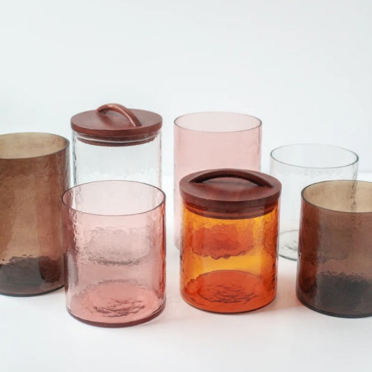 Handblown Hammered Glass Canisters with Wood Lid, Made in India