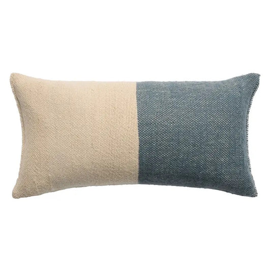 Abdul Lumbar Pillow Blue & Cream 13 x 25" 100% Wool, Hand Spun in India