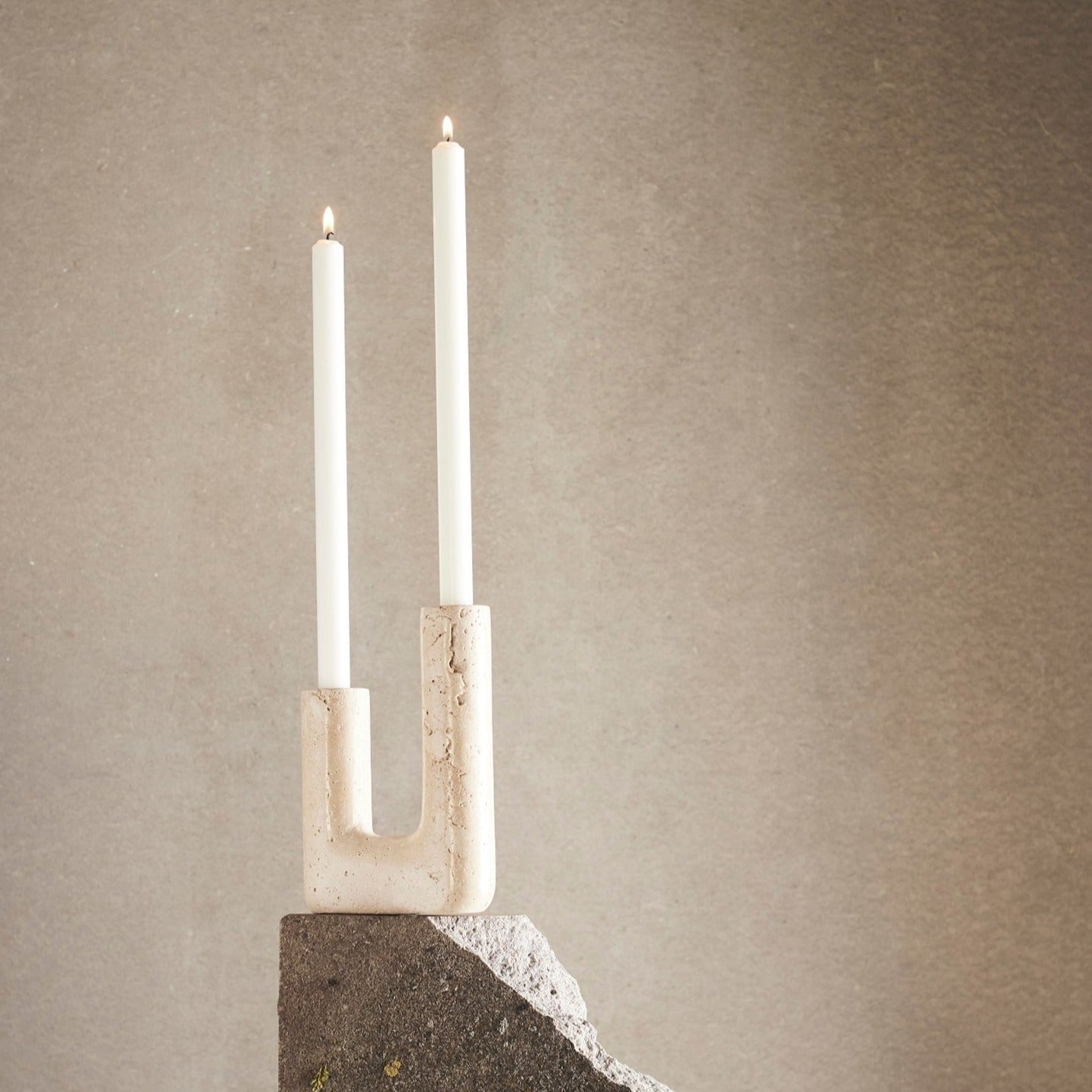 Travertine Minerva Candle Holder, Cream