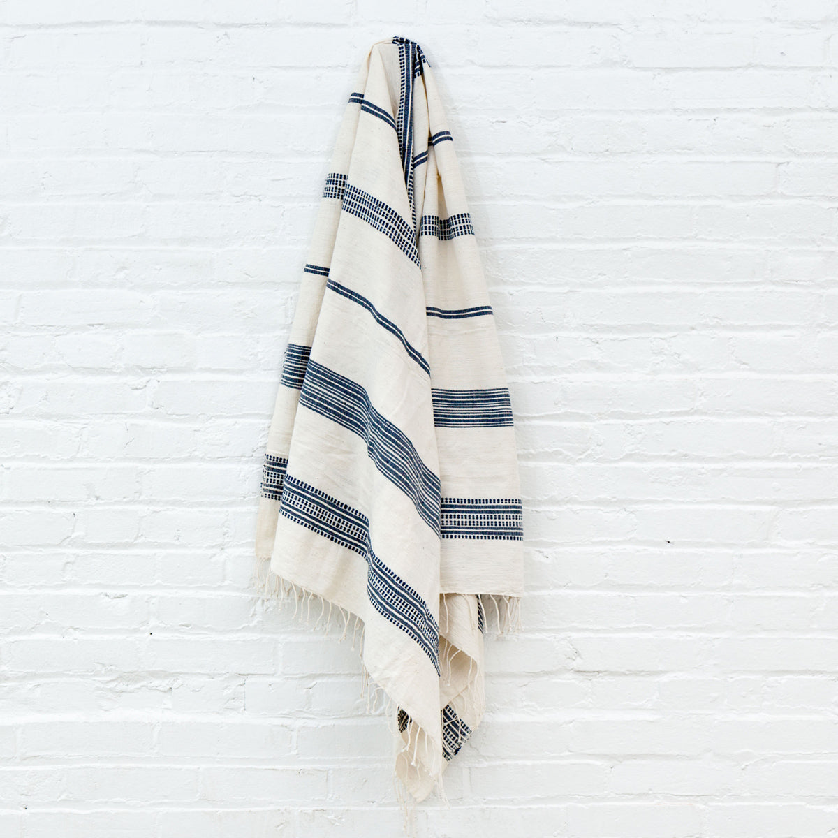 Handwoven Cotton Aden Bath Towel,  Natural w/ Navy, Handmade in Ethiopia