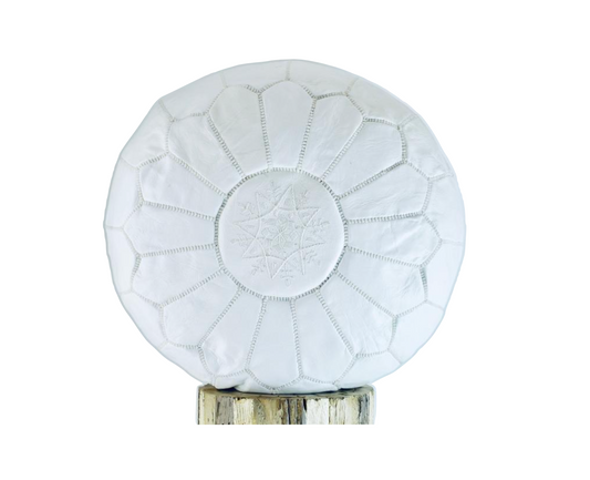 Moroccan Leather Pouf, White Handmade in Morocco