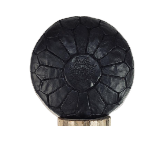 Moroccan Leather Pouf, Black, Handmade in Morocco