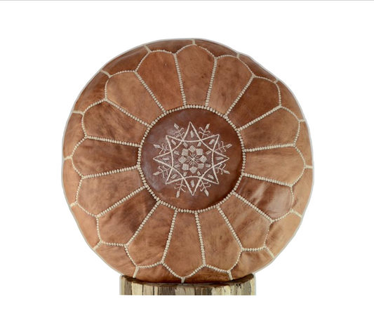 Moroccan Leather Pouf, Light Camel Brown, Handmade in Morocco