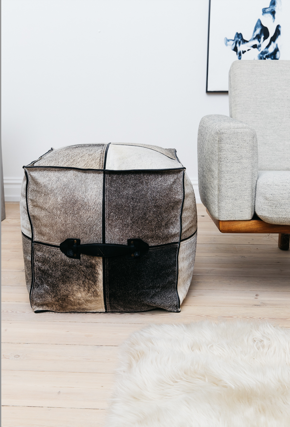 Rectangular Pouf  Calf Leather with Handle Handmade in Brazil