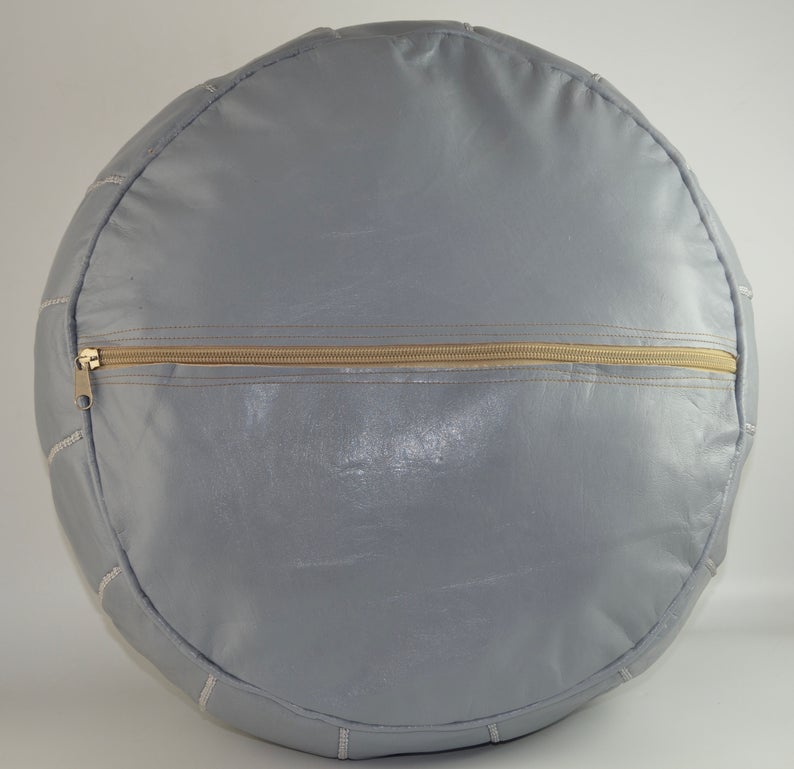 Moroccan Leather Pouf, Grey, Handmade in Morocco