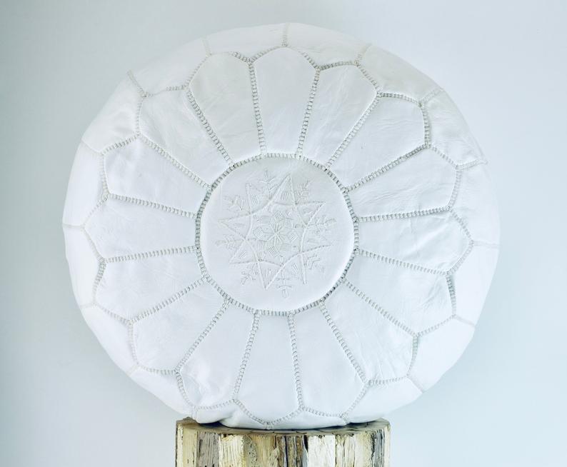 Moroccan Leather Pouf, White Handmade in Morocco