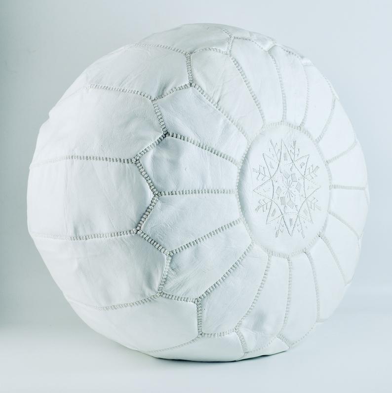 Moroccan Leather Pouf, White Handmade in Morocco