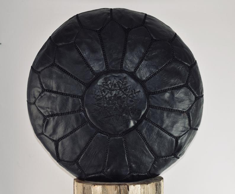 Moroccan Leather Pouf, Black, Handmade in Morocco