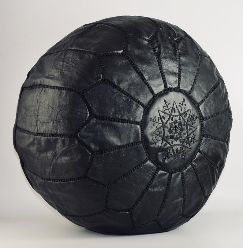 Moroccan Leather Pouf, Black, Handmade in Morocco