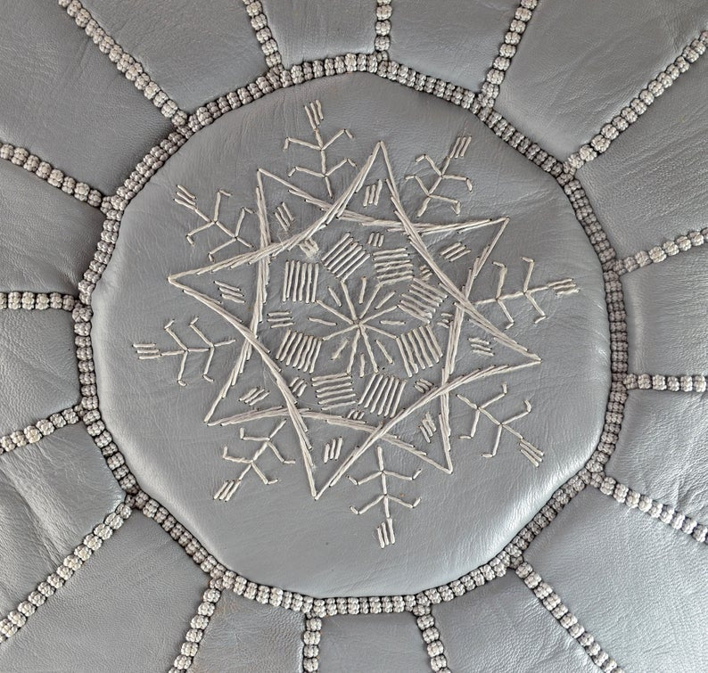 Moroccan Leather Pouf, Grey, Handmade in Morocco