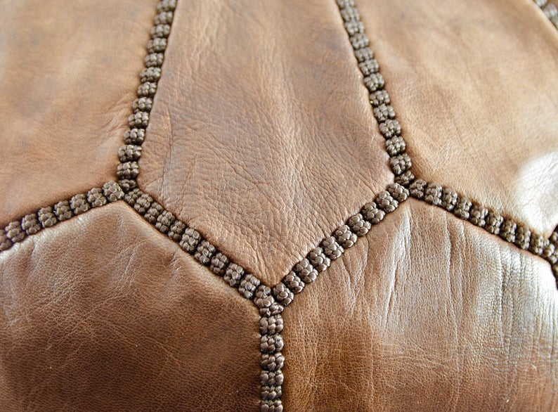 Moroccan Leather Pouf, Chestnut Brown,Handmade in Morocco