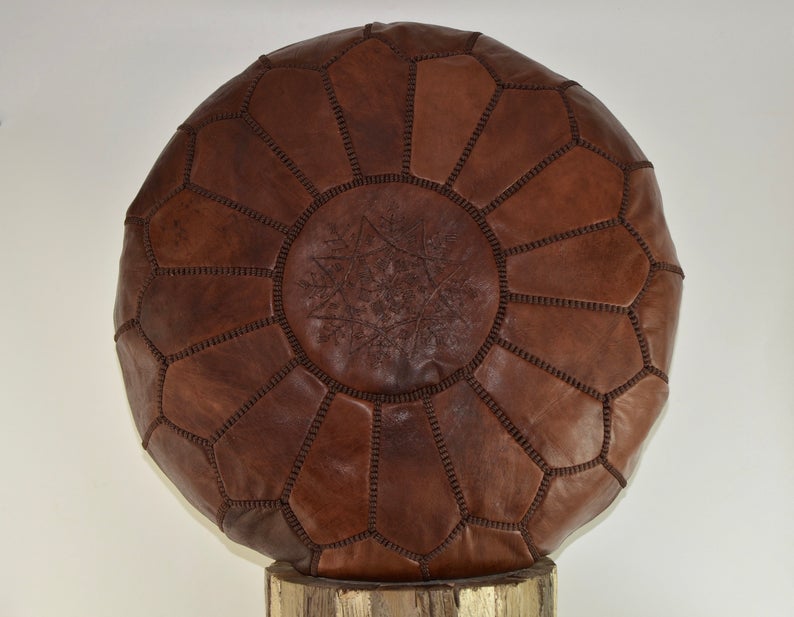 Moroccan Leather Pouf, Chestnut Brown,Handmade in Morocco